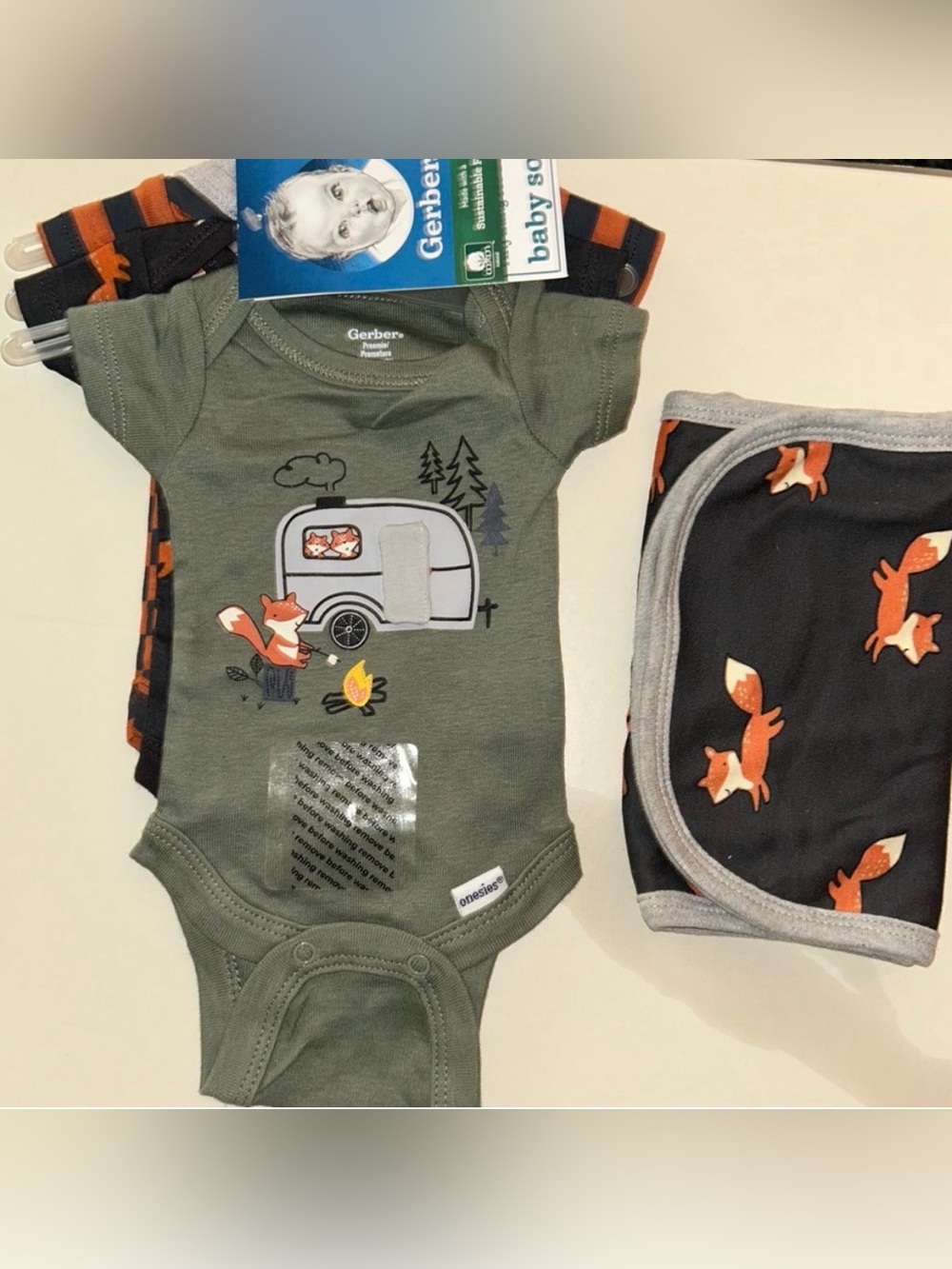 Gerber Olive Green Fox & Camper Onesie Set with Navy Fox Burp Cloth